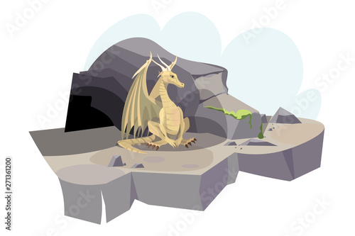 Dragon near cave flat vector illustration