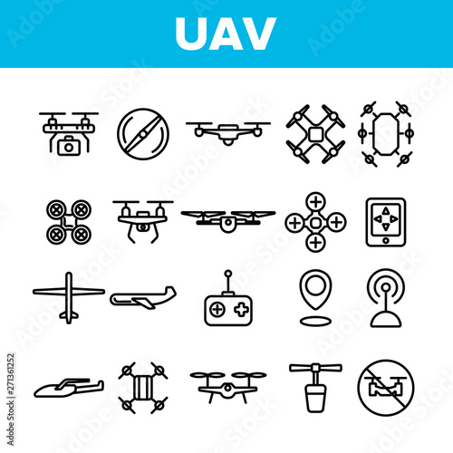 UAV, Remote Control Drones Vector Linear Icons Set. UAV, Unmanned Aircraft System Outline Symbols Pack. High Tech, GPS Navigation. Modern Delivery Service Technology Isolated Contour Illustrations