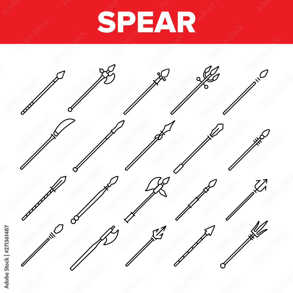 Naklejka premium Ancient Spears Weapon Vector Linear Icons Set. Medieval Spears, Arrows. Fighting, War And Battle Outline Symbols Pack. Antique Soldiers And Warriors Armour Isolated Contour Illustrations