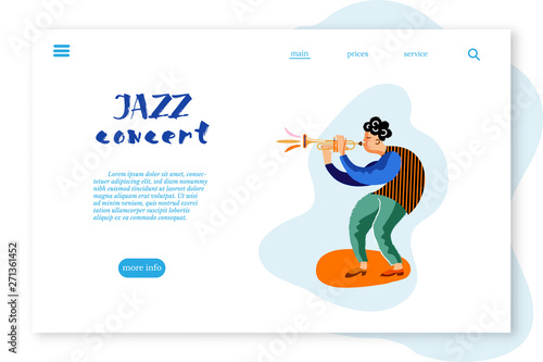 Jazz concert landing page layout. Trumpet player cartoon character