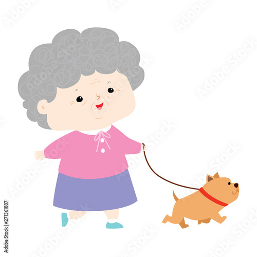 Senoir woman walking with dog vector.