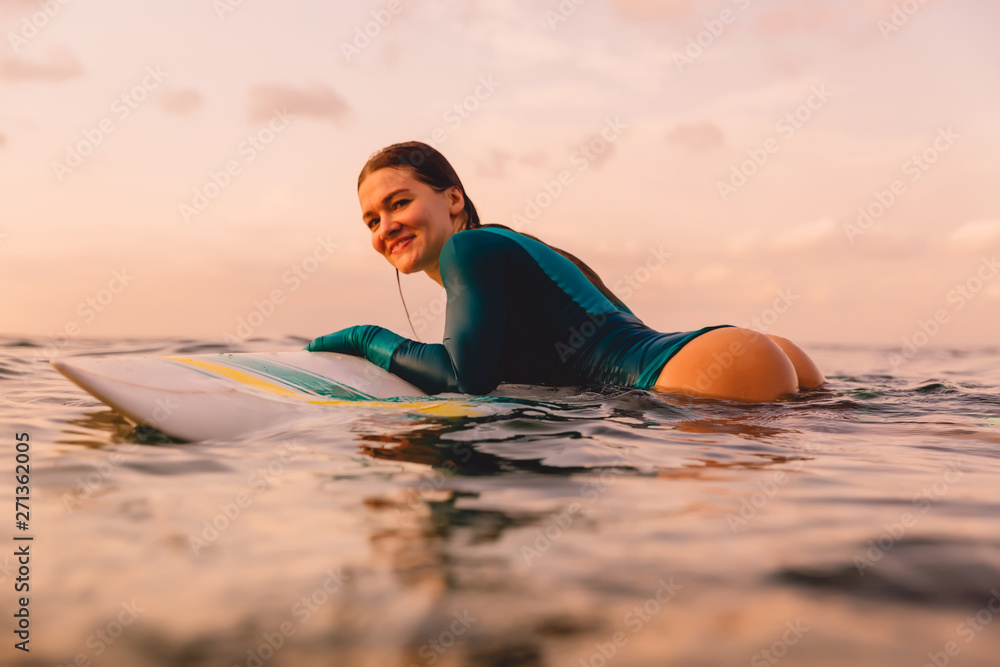 Attractive Surf Girl With Perfect Body On Surfboard In Ocean Surfing