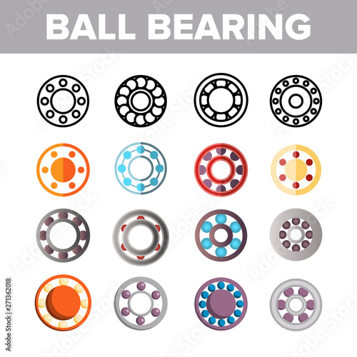 Ball Bearing Mechanism Vector Color Icons Set. Rolling Ball Bearing Linear Symbols Pack. Wheels, Gears, Machinery Equipment. Engineering, Machine Elements Isolated Flat Illustrations