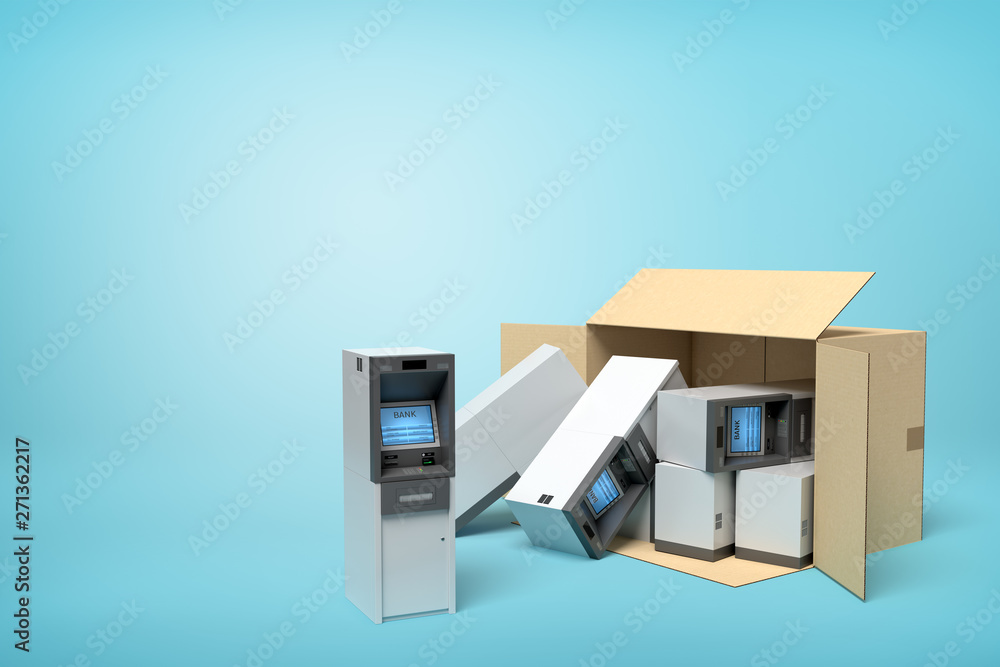 3d rendering of cardboard box lying sidelong with several ATMs inside and some outside on light-blue background with copy space. 3d rendering of cardboard box lying sidelong with several ATMs inside and some outside on light-blue background with copy space.