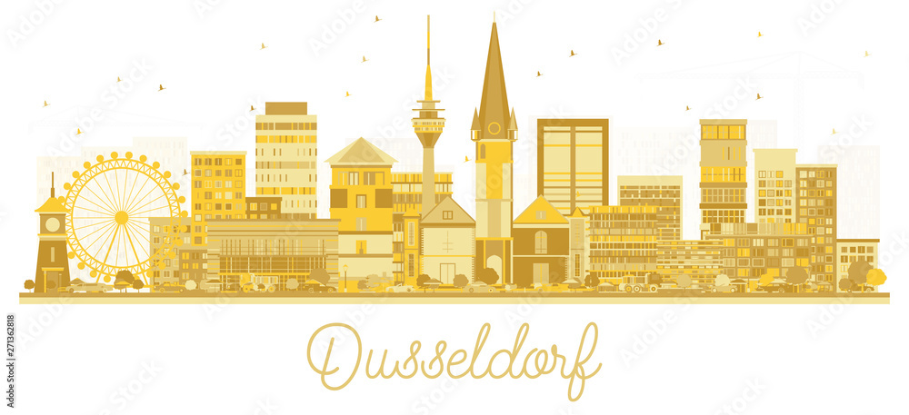Dusseldorf Germany City Skyline Silhouette with Golden Buildings Isolated on White.