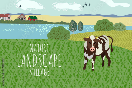 Freehand drawing of a summer day in the village. Cute vector illustration of a rural landscape with cow, trees, lake and grass.