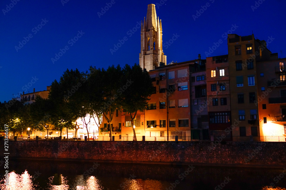 Girona, city of Catalonia  at night. Spain