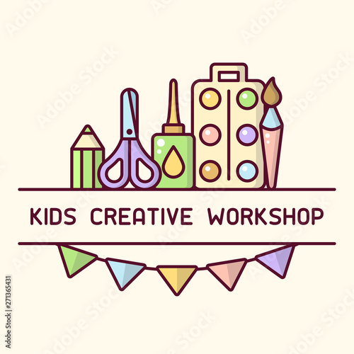 Creative workshop for children logo. Cartoon style vector illustration. Suitable for advertisement or placard decor