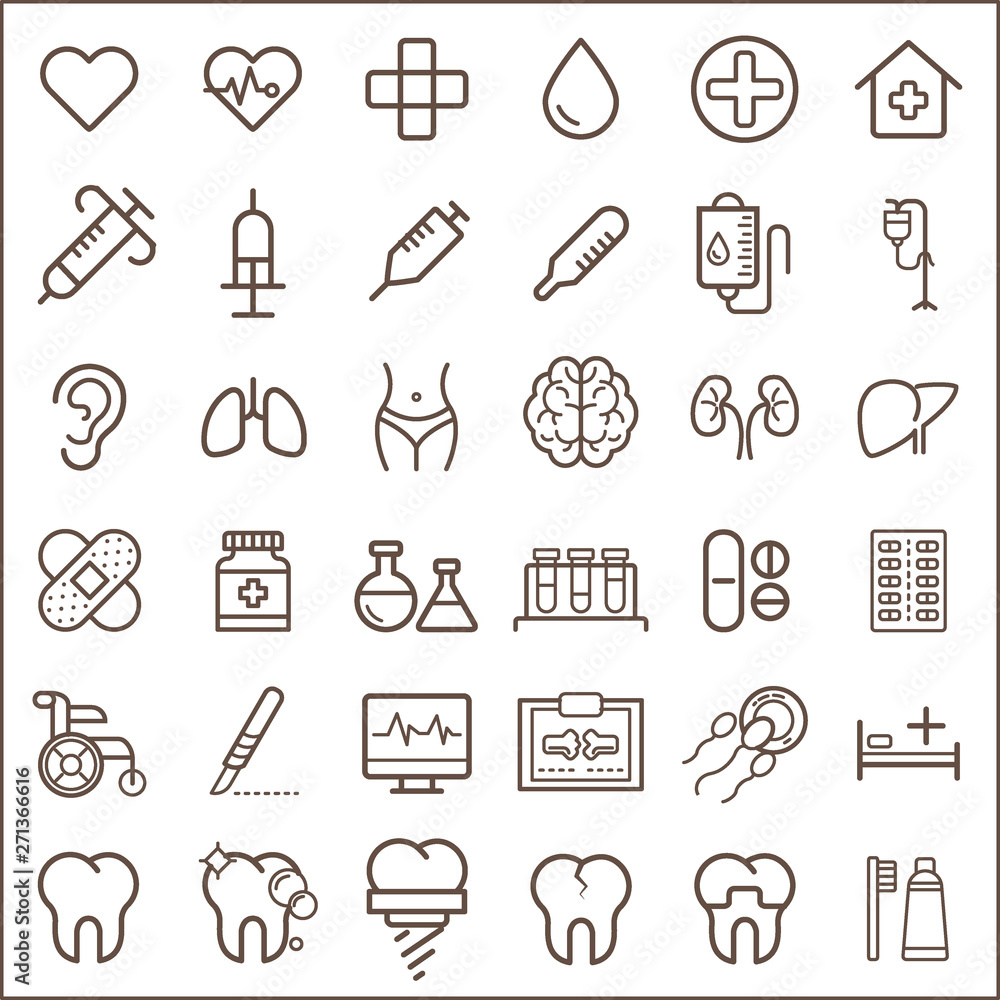 Fototapeta premium Set of medical and hospital Icons line style. Contains such Icons as injection, medicine, pill, cure, tablet, intravenous drip, ear, hospitalization And Other Elements.