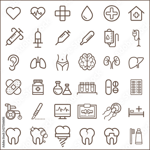 Set of medical and hospital Icons line style.  Contains such Icons as injection  medicine  pill  cure  tablet  intravenous drip  ear  hospitalization And Other Elements. 