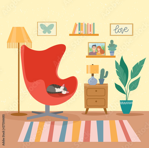 Domestic cat lies on the chair. Vector flat illustration