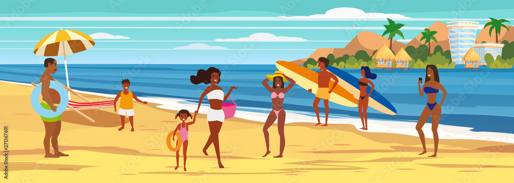 Obraz premium People at beach womens mens kids on seashore relaxing and performing leisure outdoor activities