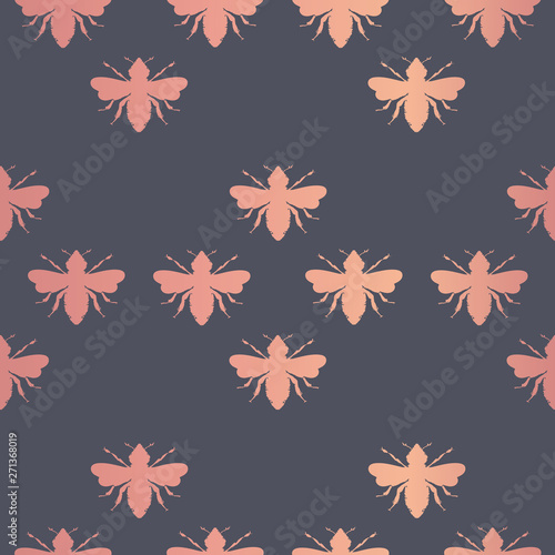 Vector Bees with Rose Gold Foil effect seamless pattern background.
