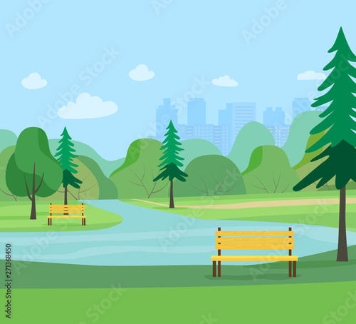Landscape in city park .  Vector flat style Illustration.
