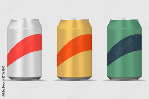 Drink aluminum can 330 ml set, realistic mockup. Blank color tin cans for beverage packaging, vector template