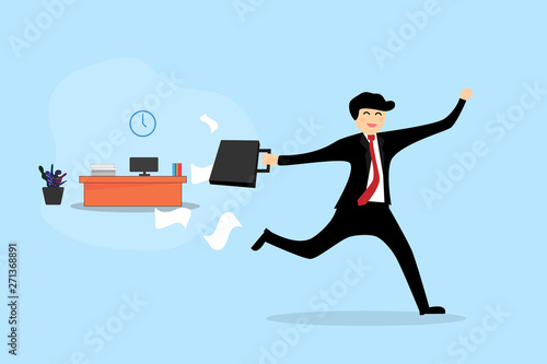 Homing and out of office Concept. Businessman ruining out worktable. Vector flat design.