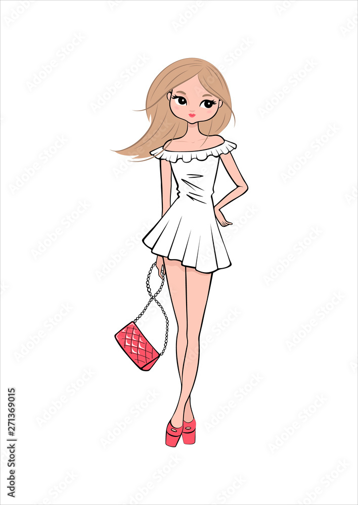 Hand drawn beautiful cute cartoon girl isolated on white background.  Romantic blonde in white dress. Vector illustration. Stock Vector | Adobe  Stock