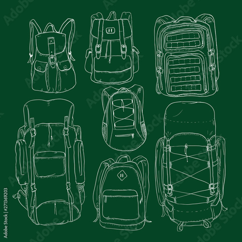 Vector Set of Chalk Sketch Backpacks.