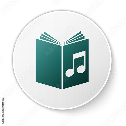 Green Audio book icon isolated on white background. Musical note with book. Audio guide sign. Online learning concept. White circle button. Vector Illustration