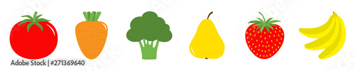 Fruit berry vegetable icon set line. Tomato, carrot broccoli. Pear strawberry banana. Cute cartoon kawaii decoration element. Flat design. White background.