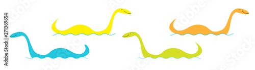 Loch Ness Nessy fictional creature big set line. Water monster with eye, tail Swimming floating Sea ocean wave. Dinosaur shape Funny Cute cartoon character Baby collection Flat White background