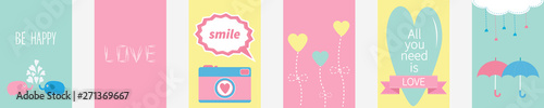 All you need is love quote text. Elephant family couple, photocamera, flower, heart, umbrella, cloud, dash line drops, pink ribbon. Love greeting card set line. Flat design.