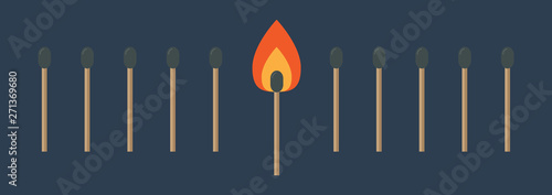 Match set line with one burning orange fire light. Flat design style. Blue background. Isolated.