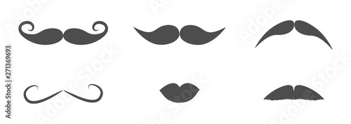 Mustaches and lips icon set line. Moustaches hair. Flat design. White background. Isolated.