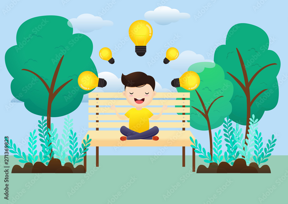 Young man meditation a great idea sitting in the park. Business idea concept. vector, illustration.