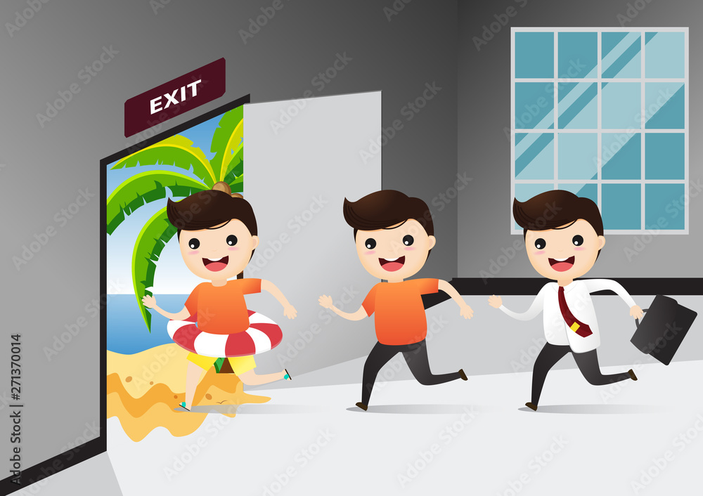 Businessman running exit door sign he get off work go to sea. Businessman running to opened door. Concept of exit. illustration, vector. Businessman running exit door sign he get off work go to sea. Businessman running to opened door. Concept of exit. illustration, vector.