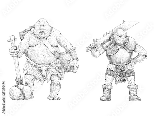 Monster illustration. Troll and Orc anatomy comparison. Fantasy drawing.
