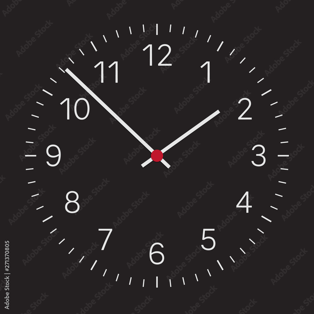 Realistic illustration of a dark clock face with silver numbers and a clock and a red center. Isolated on white background, vector Realistic illustration of a dark clock face with silver numbers and a clock and a red center. Isolated on white background, vector