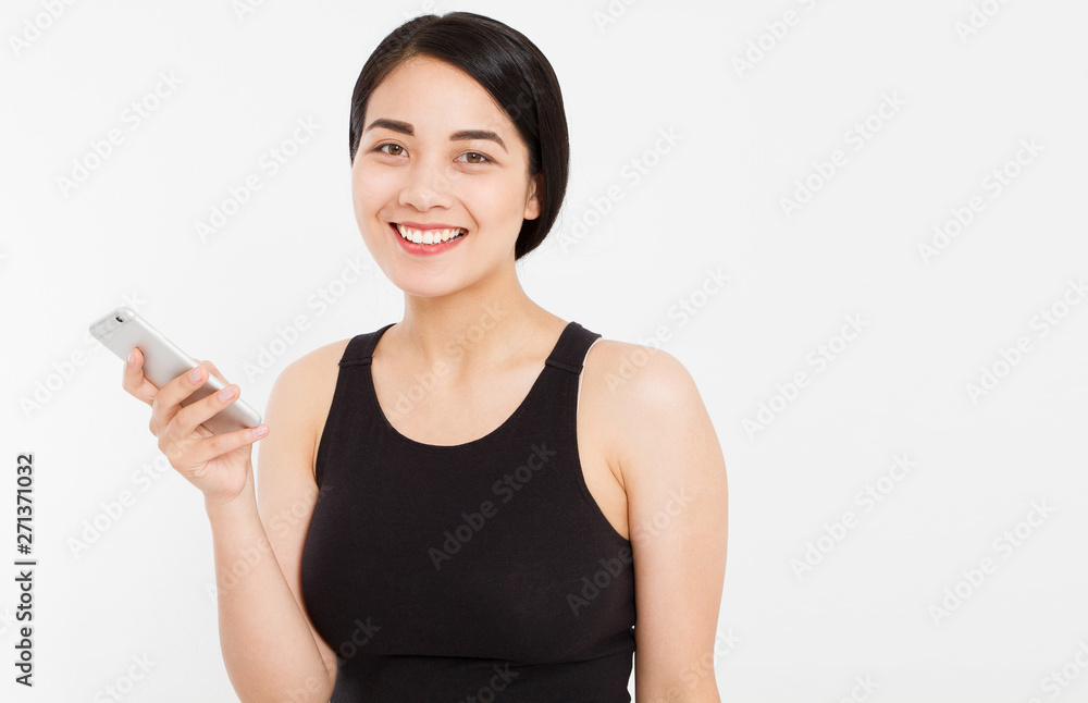 cute happy asian girl hold phone isolated on white background cute happy asian girl hold phone isolated on white background