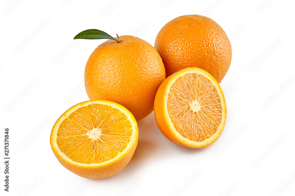 Orange fruit with leaf and half of orange isolated on white background with clipping path. Perfectly retouched. ready-to-use food images. Pack shoot Orange fruit with leaf and half of orange isolated on white background with clipping path. Perfectly retouched. ready-to-use food images. Pack shoot
