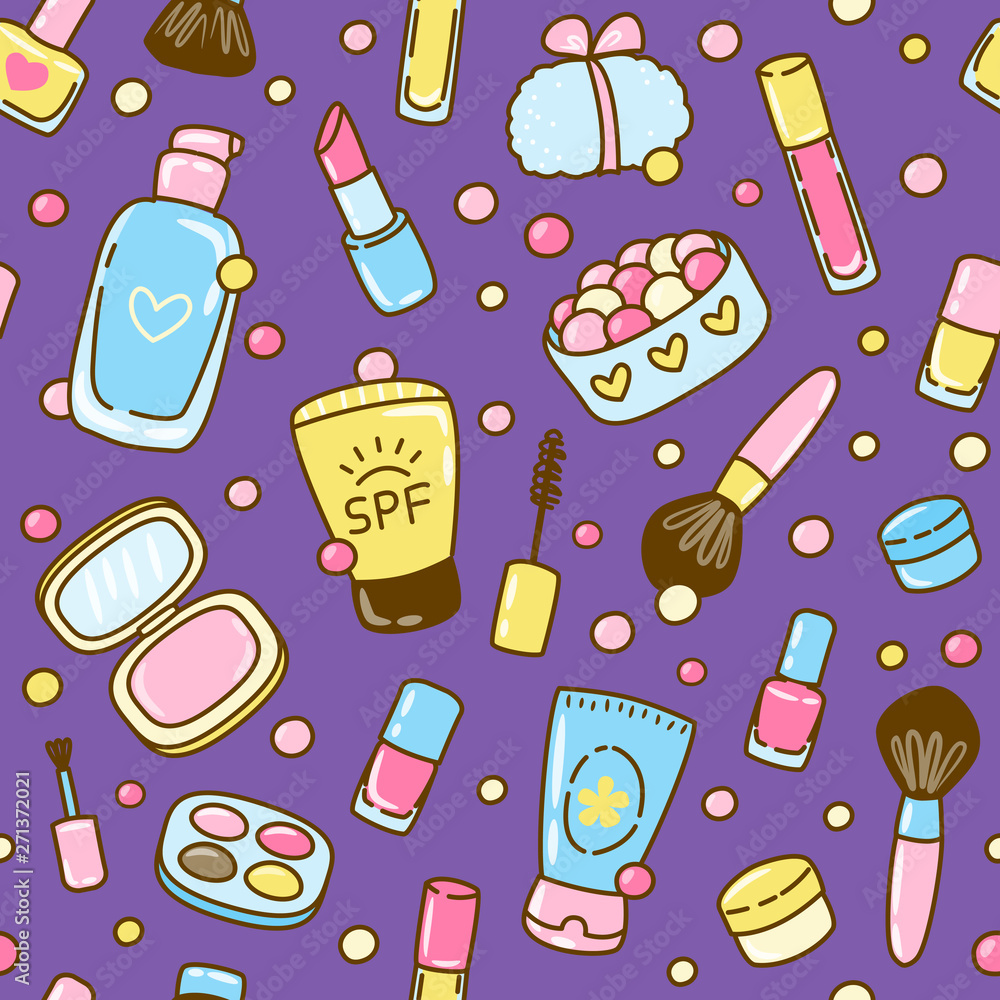Seamless pattern with cute cosmetics elements on purple background Seamless pattern with cute cosmetics elements on purple background