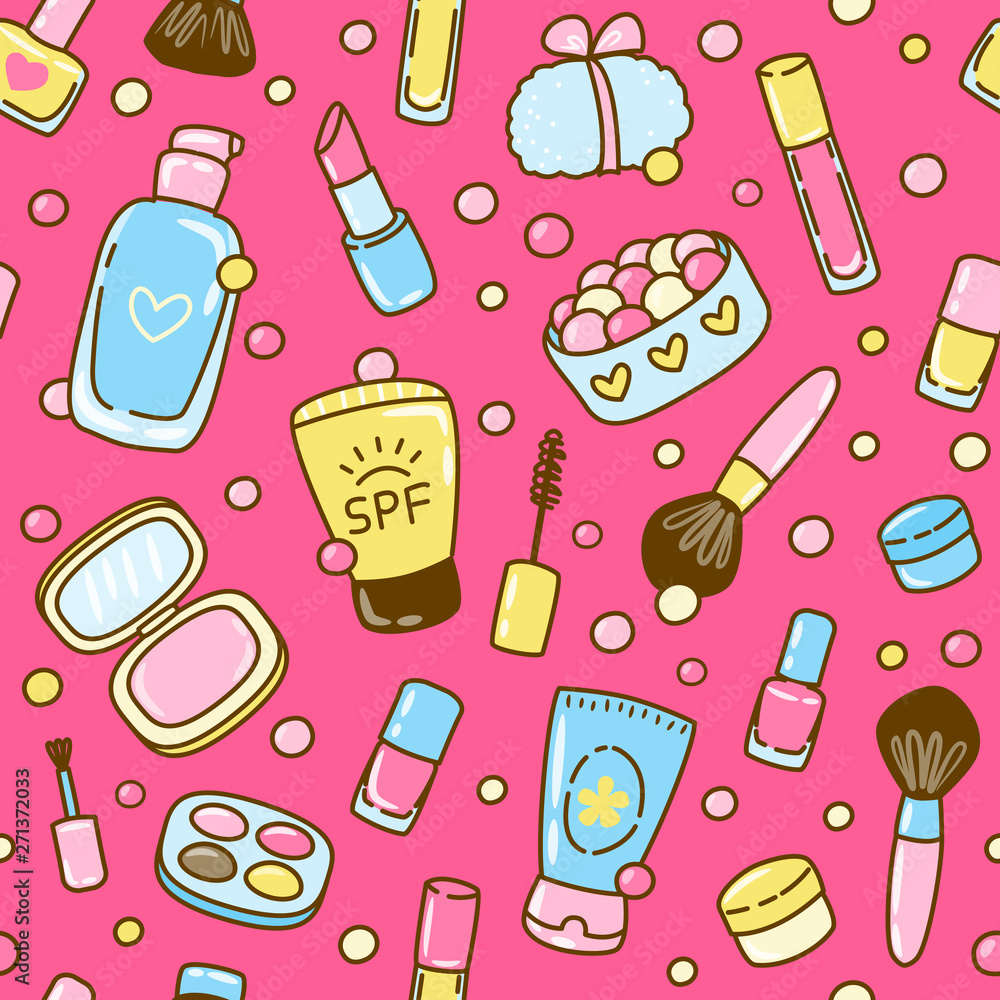 Seamless pattern with cute cosmetics elements on pink background Seamless pattern with cute cosmetics elements on pink background