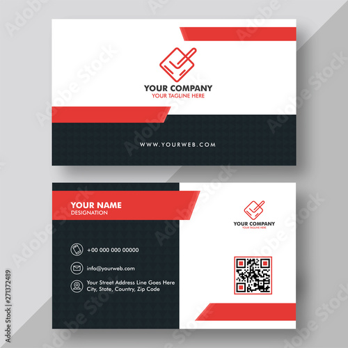 Horizontal white and black business card with front and back presentation.