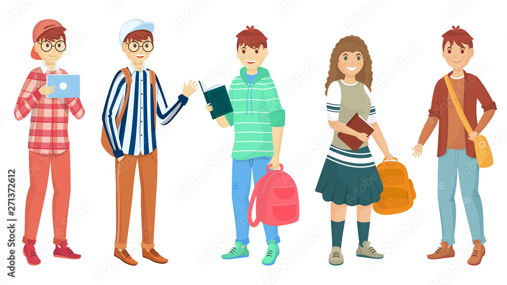 Set of five young student holding school bag in standing pose. Can be used for Back to School designs. Set of five young student holding school bag in standing pose. Can be used for Back to School designs.