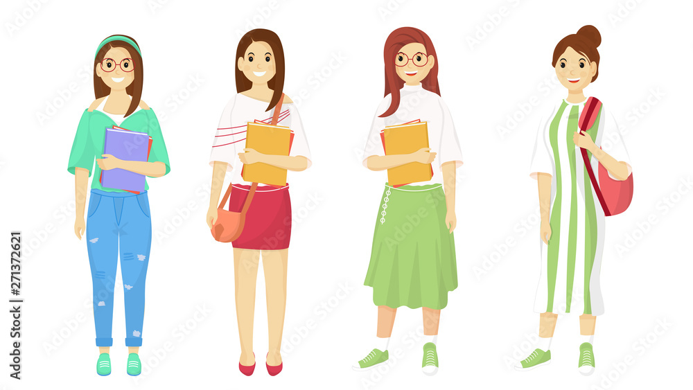 Fashionable girls character going to college concept. Elements on white background.