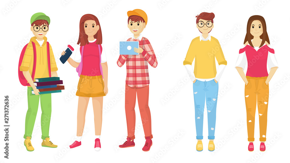 Young cartoon character of students in standing pose. Can be used for Back to School designs. Young cartoon character of students in standing pose. Can be used for Back to School designs.