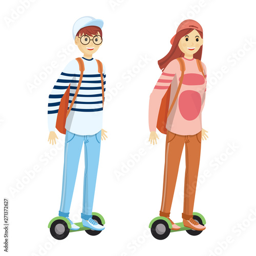 Illustration of boy and girl standing on segway on white background.