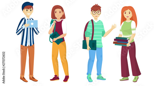Young cartoon character of students in standing pose. Can be used for Back to School designs.