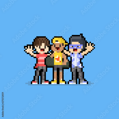 Pixel art freindship day cartoon boy characters.8bit.