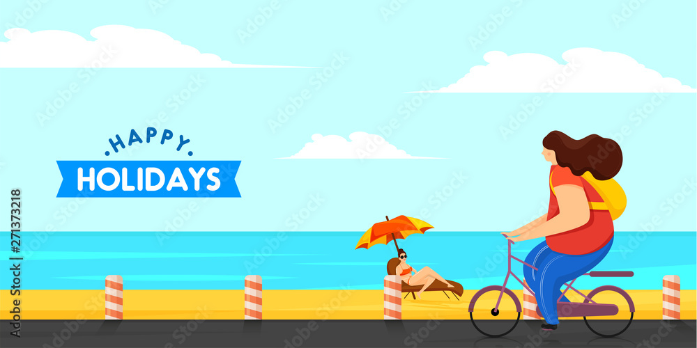 Happy Holiday header or banner design with women in different activity on beautiful beach background.