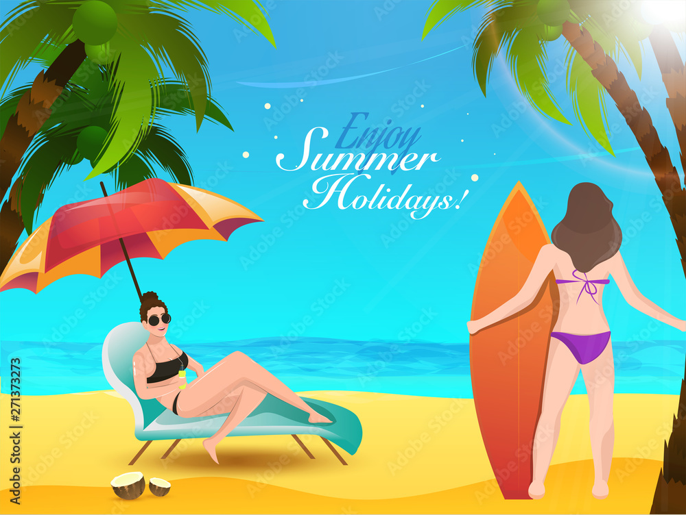 Enjoy Summer Holiday banner or poster design with Illustration of women in different pose on beach background.