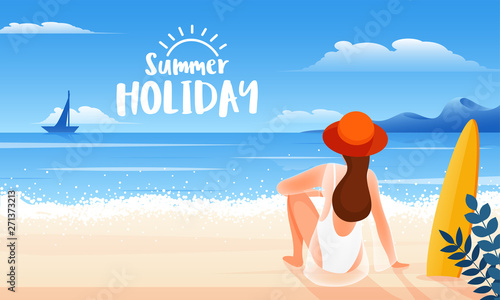 Back view of young woman sitting on beach background for Happy Summer Holiday poster or banner design.