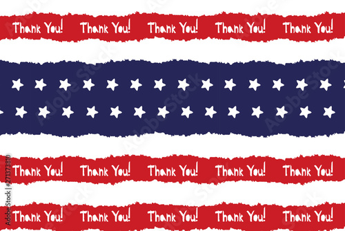 Festive Thank you poster in national colors USA red white blue. Strips and stars, fireworks Great idea for decorating the holiday on July 4th, Independence memory Days, barbecue party