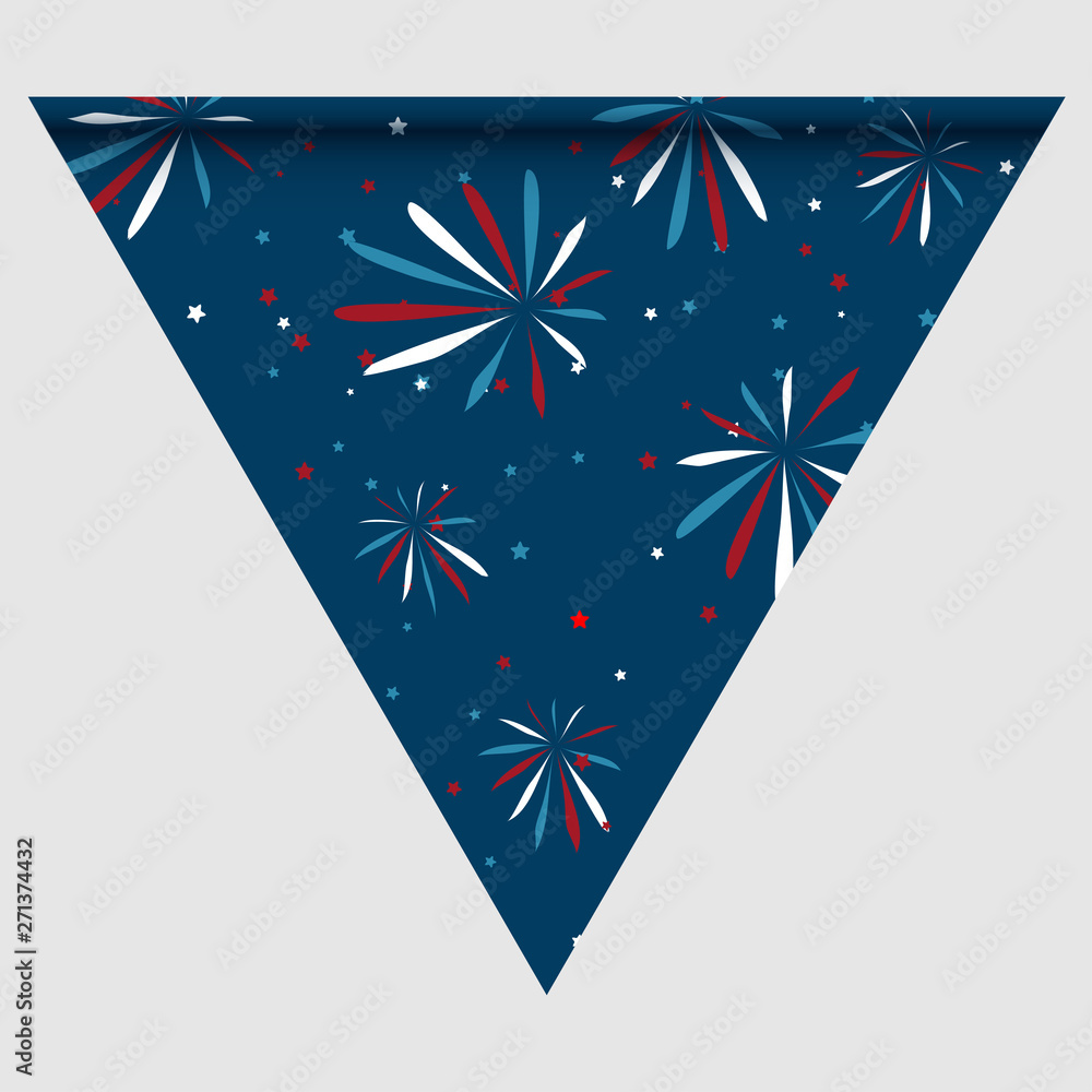 Obraz premium Happy holyday day triangular flag for planar festivals with red, blue and white color stars, stripes, checkered, chevrons. fective background.