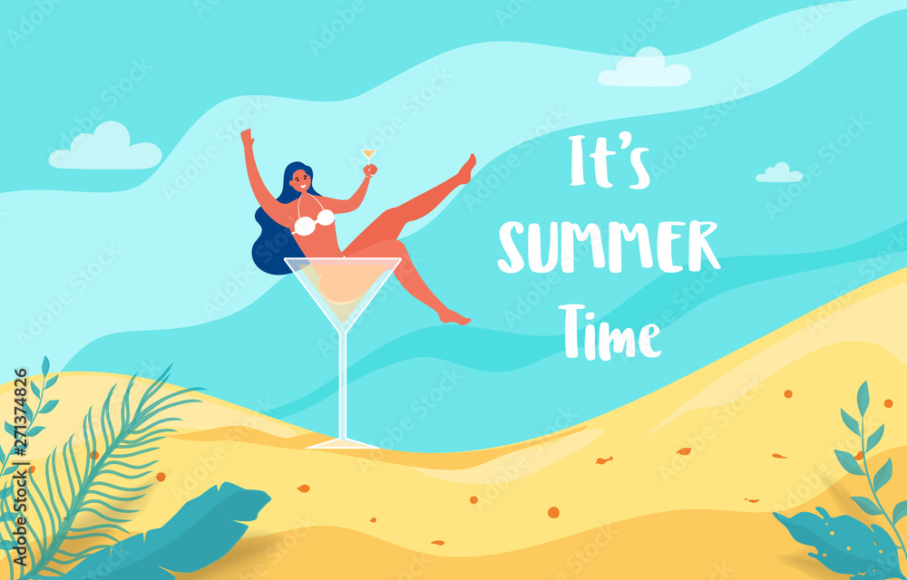Summer holiday with beach scene. Hot girl in cocktail glass let's party summer vacation.