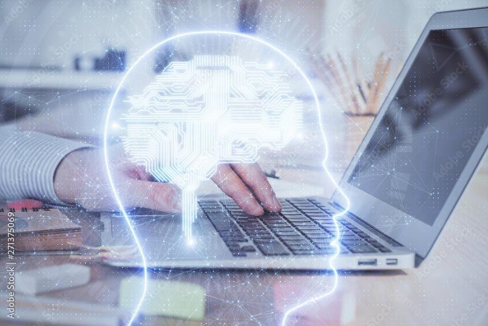 Man typing on keyboard background with brain hologram. Concept of big Data. Double exposure. Man typing on keyboard background with brain hologram. Concept of big Data. Double exposure.